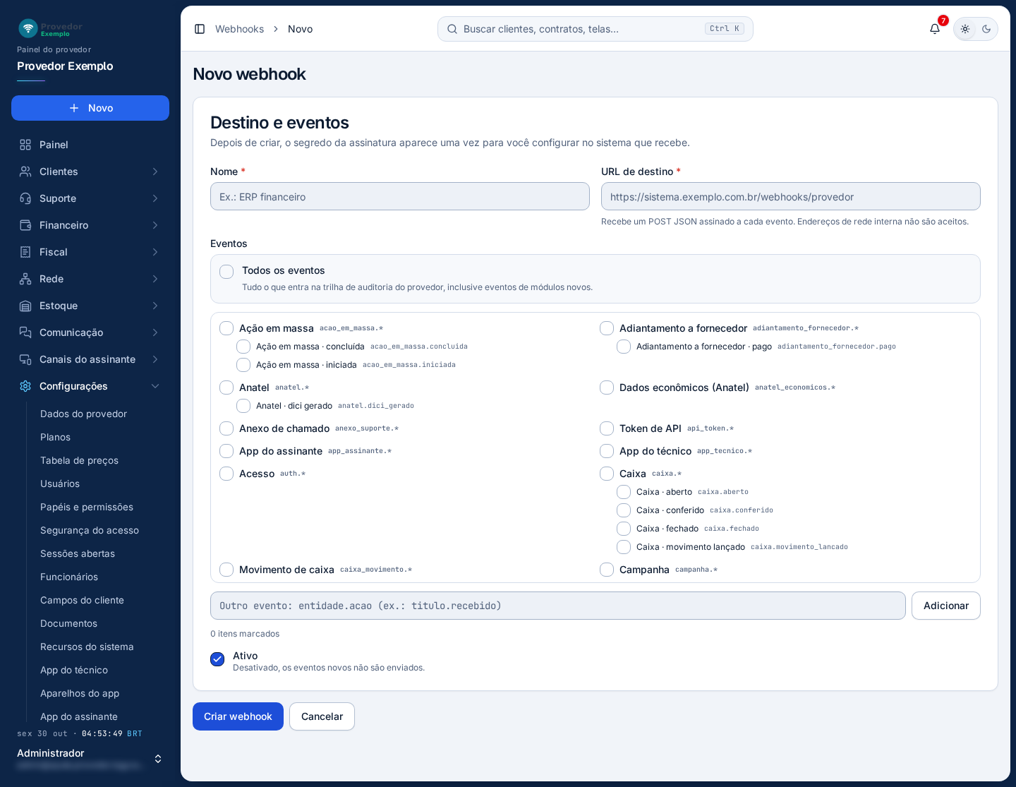Webhooks › Novo webhook.