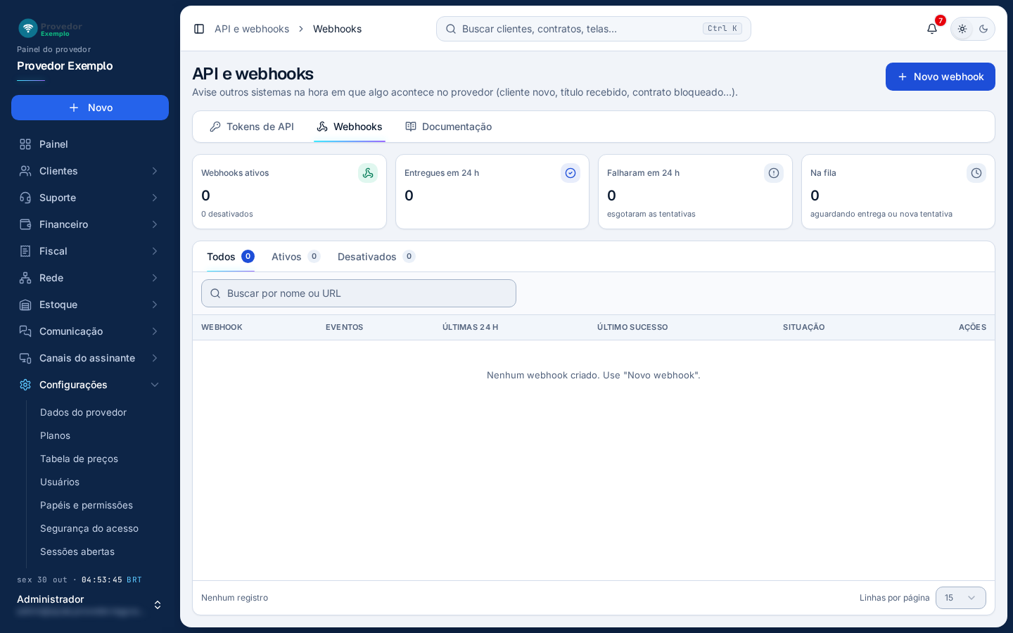 API e webhooks, aba Webhooks. Na foto, nenhum webhook criado.