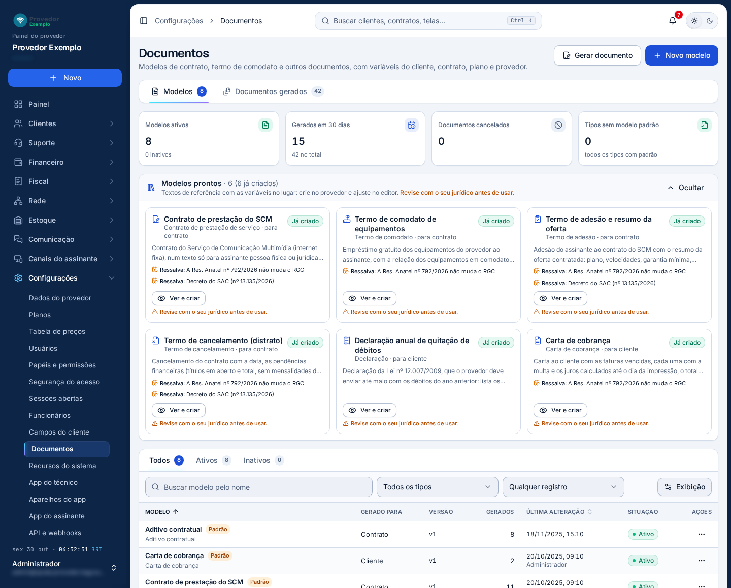 Configurações › Documentos. Na foto, os seis modelos prontos já foram criados no provedor.