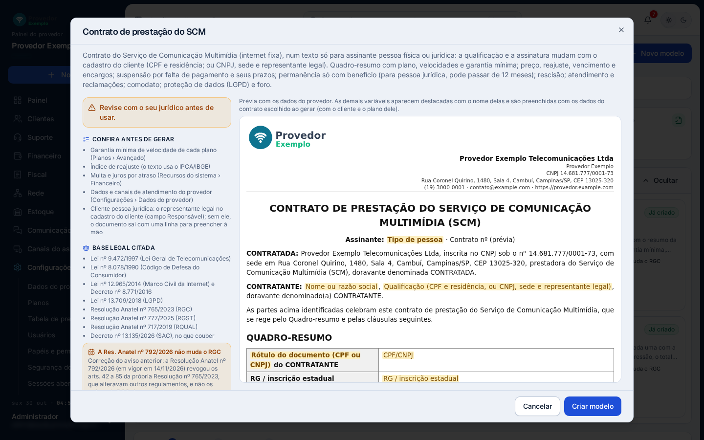 Ver e criar, no contrato de prestação do SCM.
