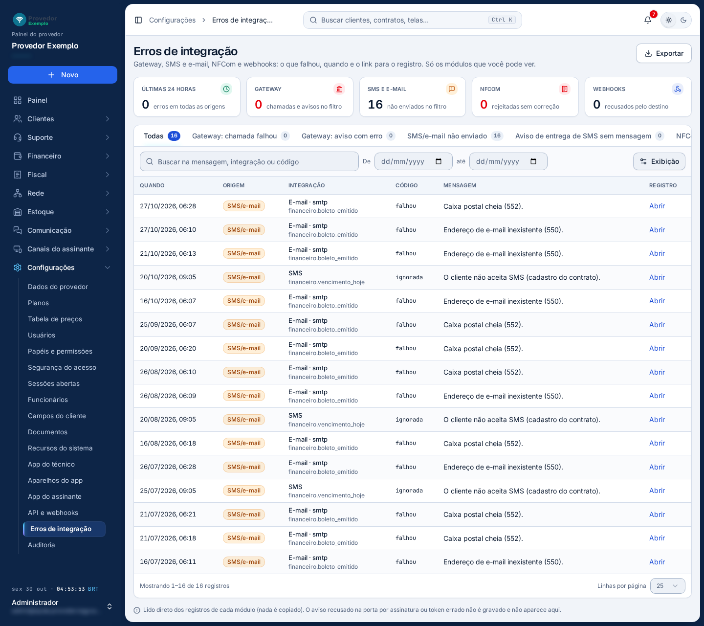Configurações › Erros de integração. Na foto, e-mails e SMS que não saíram.
