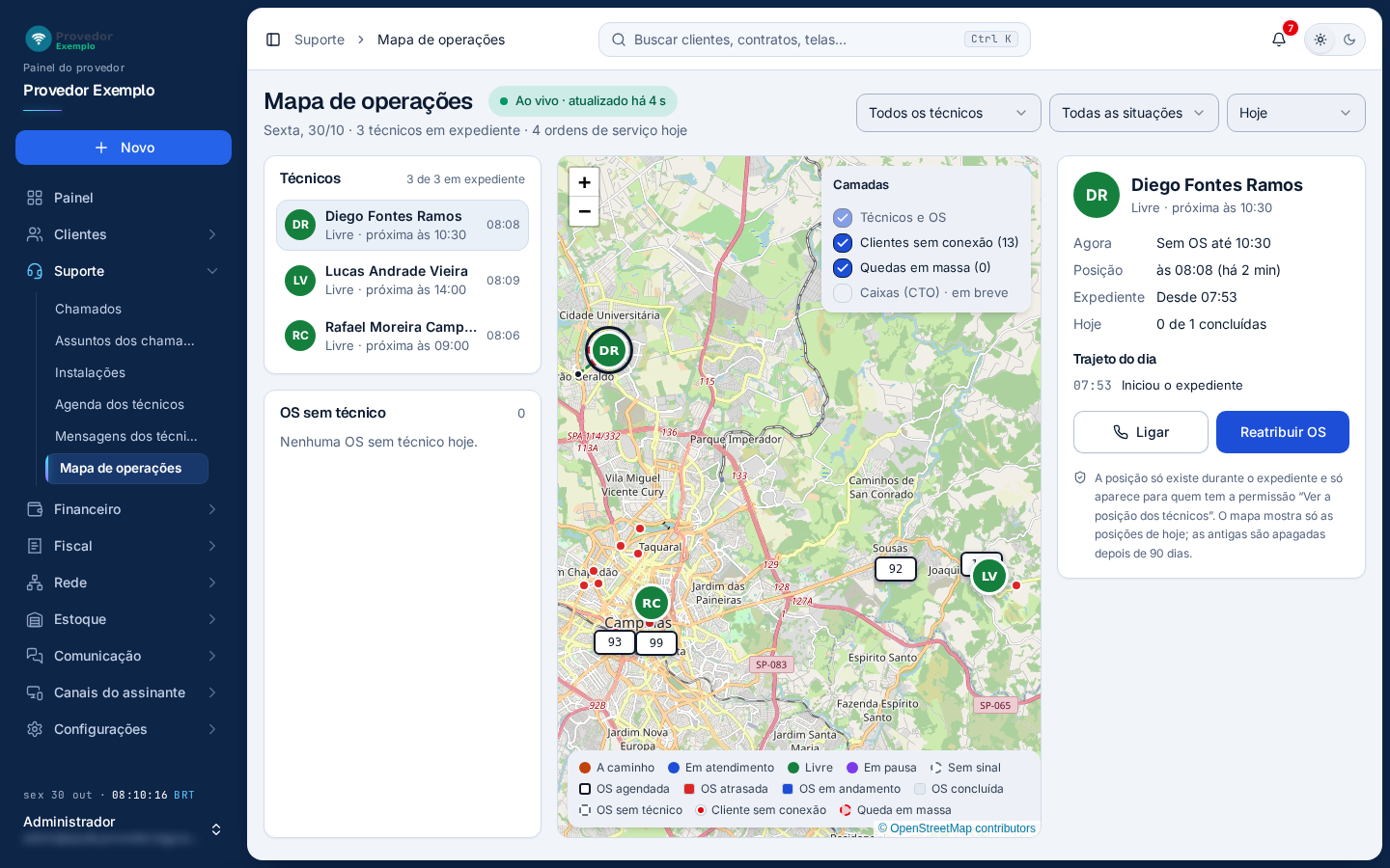Suporte › Mapa de operações, com os três técnicos em expediente e um deles escolhido.