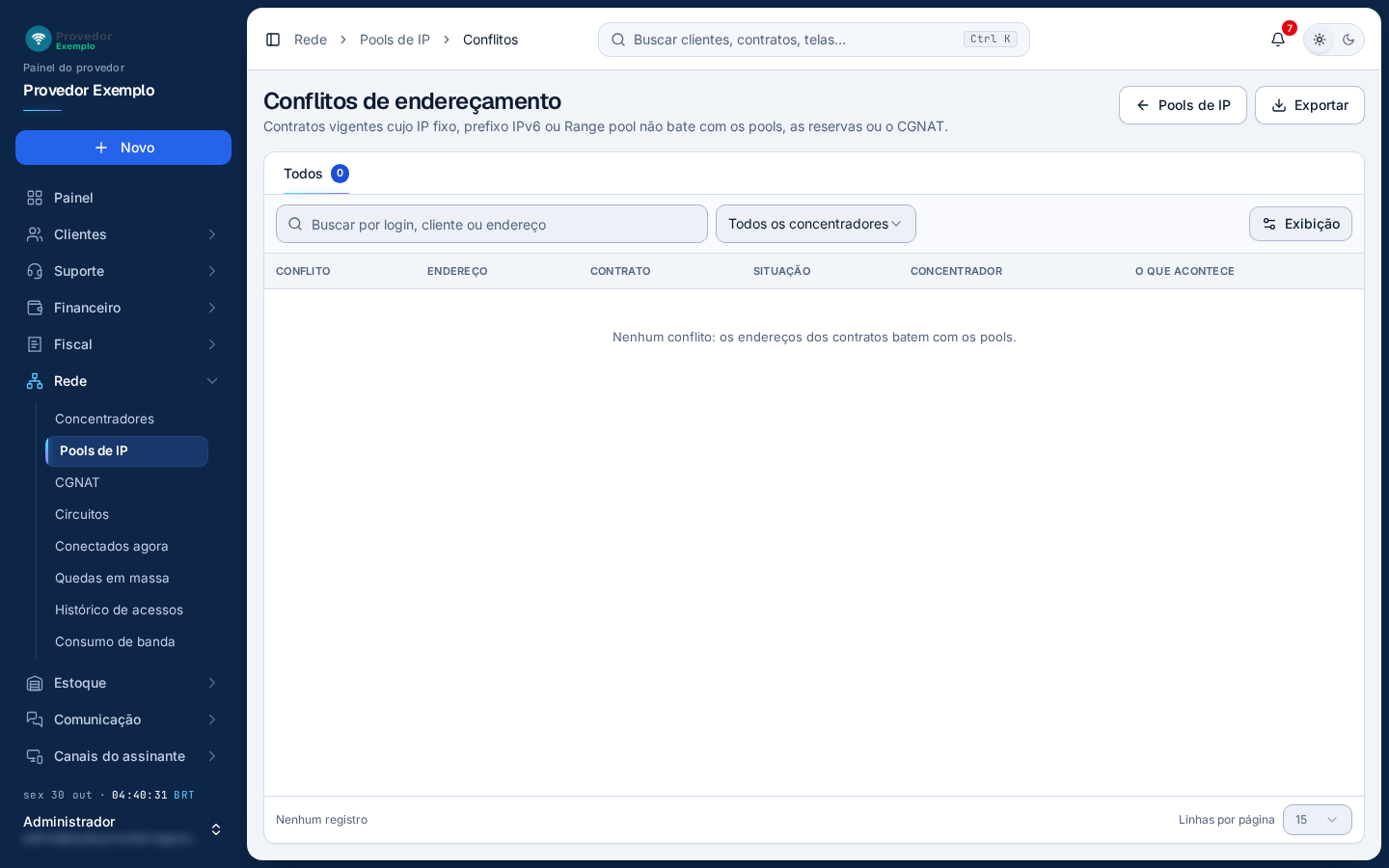Pools de IP › Conflitos. Na foto, nenhum conflito.
